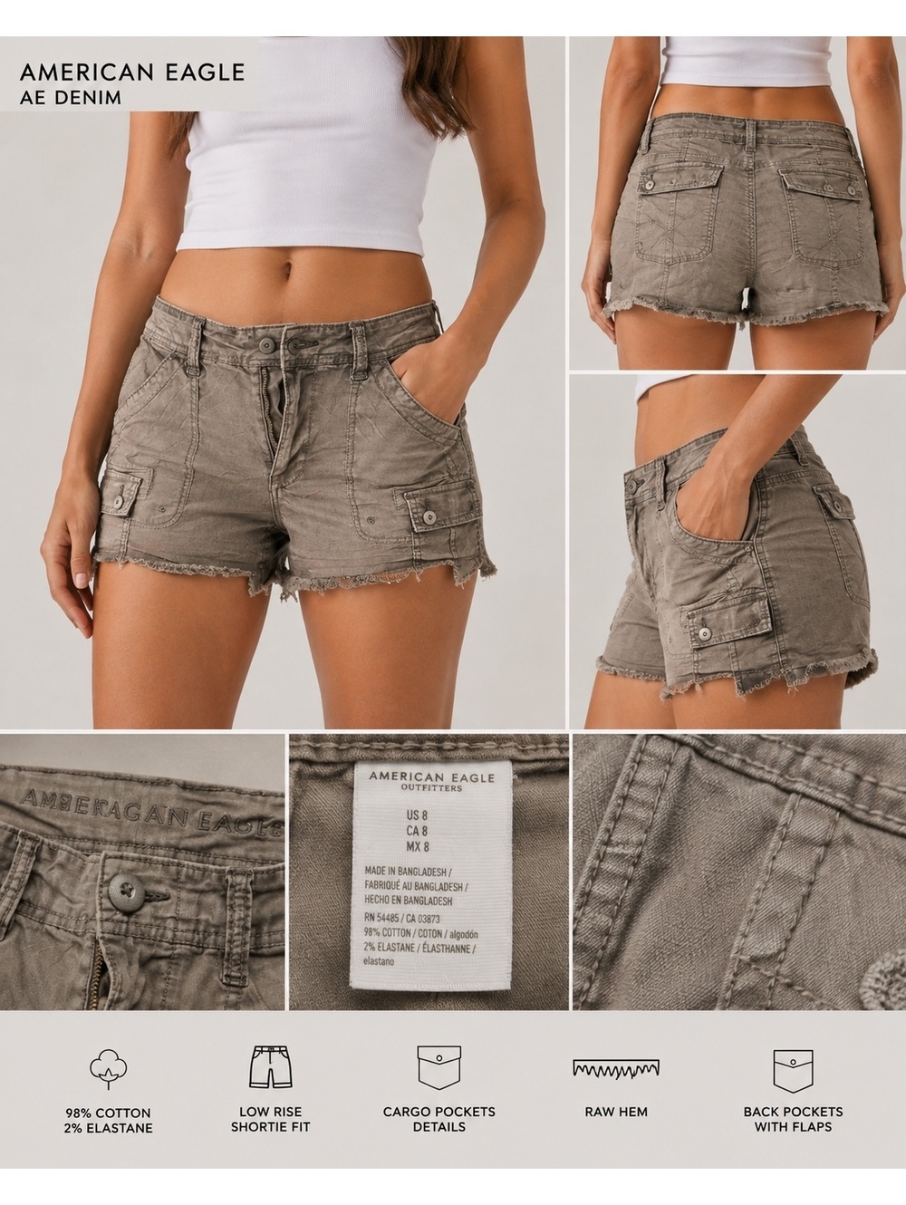 American Eagle Gray Stretch Cargo Shorts Size 8